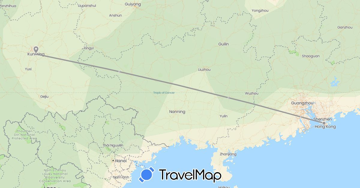 TravelMap itinerary: driving, plane in China, Hong Kong (Asia)